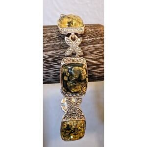 Vintage Green Amber Look Marcasite Floral Link Station Bracelet